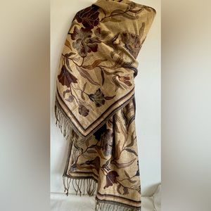 Pashmina style scarf/ wrap. Navy and gold with floral and butterfly motif.